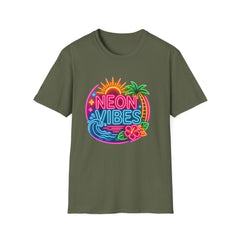 Neon Vibes T-Shirt Unisex — Retro Beach Sunset Palm Graphic Tee