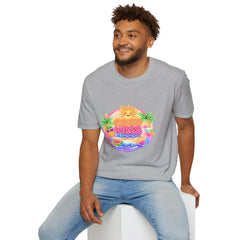 Good Vibes Beach unisex T-Shirt — Neon Sun Palm Retro Summer Tee