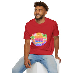 Good Vibes Beach unisex T-Shirt — Neon Sun Palm Retro Summer Tee