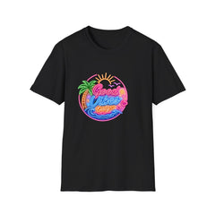 Good Vibes Beach Unisex T-Shirt — Retro Neon Palm Sunset Graphic Tee