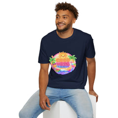 Good Vibes Beach unisex T-Shirt — Neon Sun Palm Retro Summer Tee