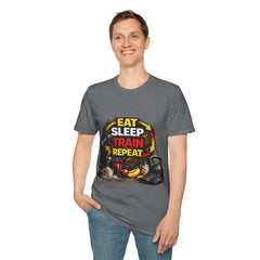 Eat Sleep Train Repeat Unisex T-Shirt — Gym Motivation Fitness Tee