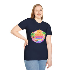 Good Vibes Beach unisex T-Shirt — Neon Sun Palm Retro Summer Tee