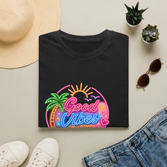 Good Vibes Beach Unisex T-Shirt — Retro Neon Palm Sunset Graphic Tee