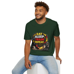 Eat Sleep Train Repeat Unisex T-Shirt — Gym Motivation Fitness Tee
