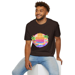 Good Vibes Beach unisex T-Shirt — Neon Sun Palm Retro Summer Tee