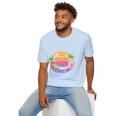Good Vibes Beach unisex T-Shirt — Neon Sun Palm Retro Summer Tee