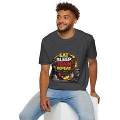 Eat Sleep Train Repeat Unisex T-Shirt — Gym Motivation Fitness Tee