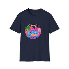 Good Vibes Beach Unisex T-Shirt — Retro Neon Palm Sunset Graphic Tee