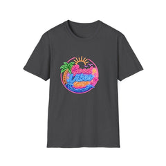 Good Vibes Beach Unisex T-Shirt — Retro Neon Palm Sunset Graphic Tee