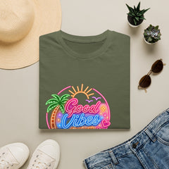Good Vibes Beach Unisex T-Shirt — Retro Neon Palm Sunset Graphic Tee