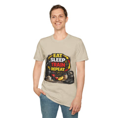 Eat Sleep Train Repeat Unisex T-Shirt — Gym Motivation Fitness Tee