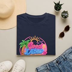 Good Vibes Beach Unisex T-Shirt — Retro Neon Palm Sunset Graphic Tee