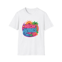 Neon Vibes T-Shirt Unisex — Retro Beach Sunset Palm Graphic Tee