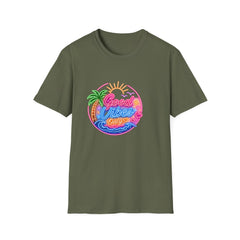 Good Vibes Beach Unisex T-Shirt — Retro Neon Palm Sunset Graphic Tee