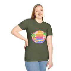 Good Vibes Beach unisex T-Shirt — Neon Sun Palm Retro Summer Tee
