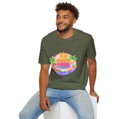 Good Vibes Beach unisex T-Shirt — Neon Sun Palm Retro Summer Tee