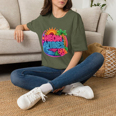 Neon Vibes T-Shirt Unisex — Retro Beach Sunset Palm Graphic Tee
