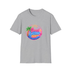 Good Vibes Beach Unisex T-Shirt — Retro Neon Palm Sunset Graphic Tee