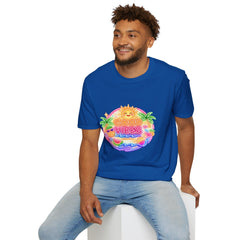 Good Vibes Beach unisex T-Shirt — Neon Sun Palm Retro Summer Tee