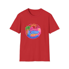 Good Vibes Beach Unisex T-Shirt — Retro Neon Palm Sunset Graphic Tee
