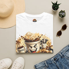 Coffee Mug T-Shirt Unisex — Energized Cartoon Coffee Design (“Coffee but first”)