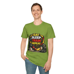 Eat Sleep Train Repeat Unisex T-Shirt — Gym Motivation Fitness Tee