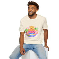 Good Vibes Beach unisex T-Shirt — Neon Sun Palm Retro Summer Tee