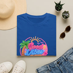 Good Vibes Beach Unisex T-Shirt — Retro Neon Palm Sunset Graphic Tee