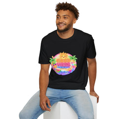 Good Vibes Beach unisex T-Shirt — Neon Sun Palm Retro Summer Tee