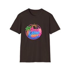 Good Vibes Beach Unisex T-Shirt — Retro Neon Palm Sunset Graphic Tee
