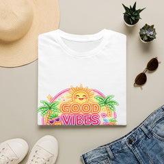 Good Vibes Beach unisex T-Shirt — Neon Sun Palm Retro Summer Tee
