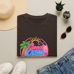 Good Vibes Beach Unisex T-Shirt — Retro Neon Palm Sunset Graphic Tee