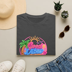 Good Vibes Beach Unisex T-Shirt — Retro Neon Palm Sunset Graphic Tee