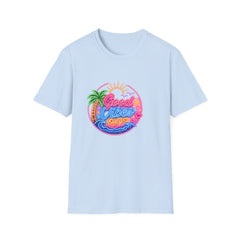 Good Vibes Beach Unisex T-Shirt — Retro Neon Palm Sunset Graphic Tee