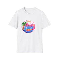 Good Vibes Beach Unisex T-Shirt — Retro Neon Palm Sunset Graphic Tee