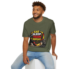 Eat Sleep Train Repeat Unisex T-Shirt — Gym Motivation Fitness Tee