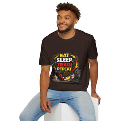 Eat Sleep Train Repeat Unisex T-Shirt — Gym Motivation Fitness Tee