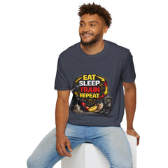 Eat Sleep Train Repeat Unisex T-Shirt — Gym Motivation Fitness Tee