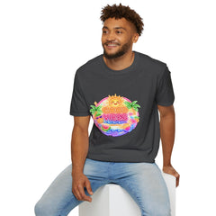 Good Vibes Beach unisex T-Shirt — Neon Sun Palm Retro Summer Tee