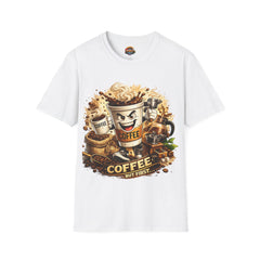 Coffee Mug T-Shirt Unisex — Energized Cartoon Coffee Design (“Coffee but first”)