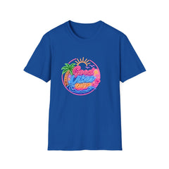 Good Vibes Beach Unisex T-Shirt — Retro Neon Palm Sunset Graphic Tee