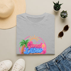 Good Vibes Beach Unisex T-Shirt — Retro Neon Palm Sunset Graphic Tee