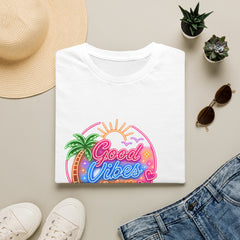 Good Vibes Beach Unisex T-Shirt — Retro Neon Palm Sunset Graphic Tee