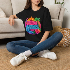 Neon Vibes T-Shirt Unisex — Retro Beach Sunset Palm Graphic Tee