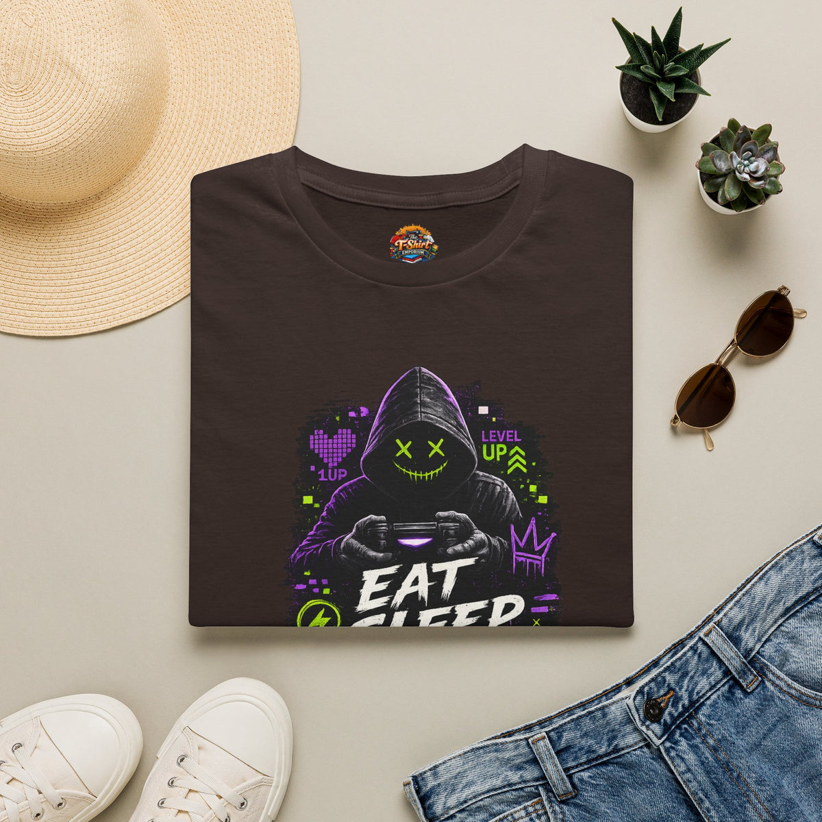 Gaming T-Shirt — "Eat Sleep Game Repeat" Unisex Neon Gamer Hoodie Graphic Tee