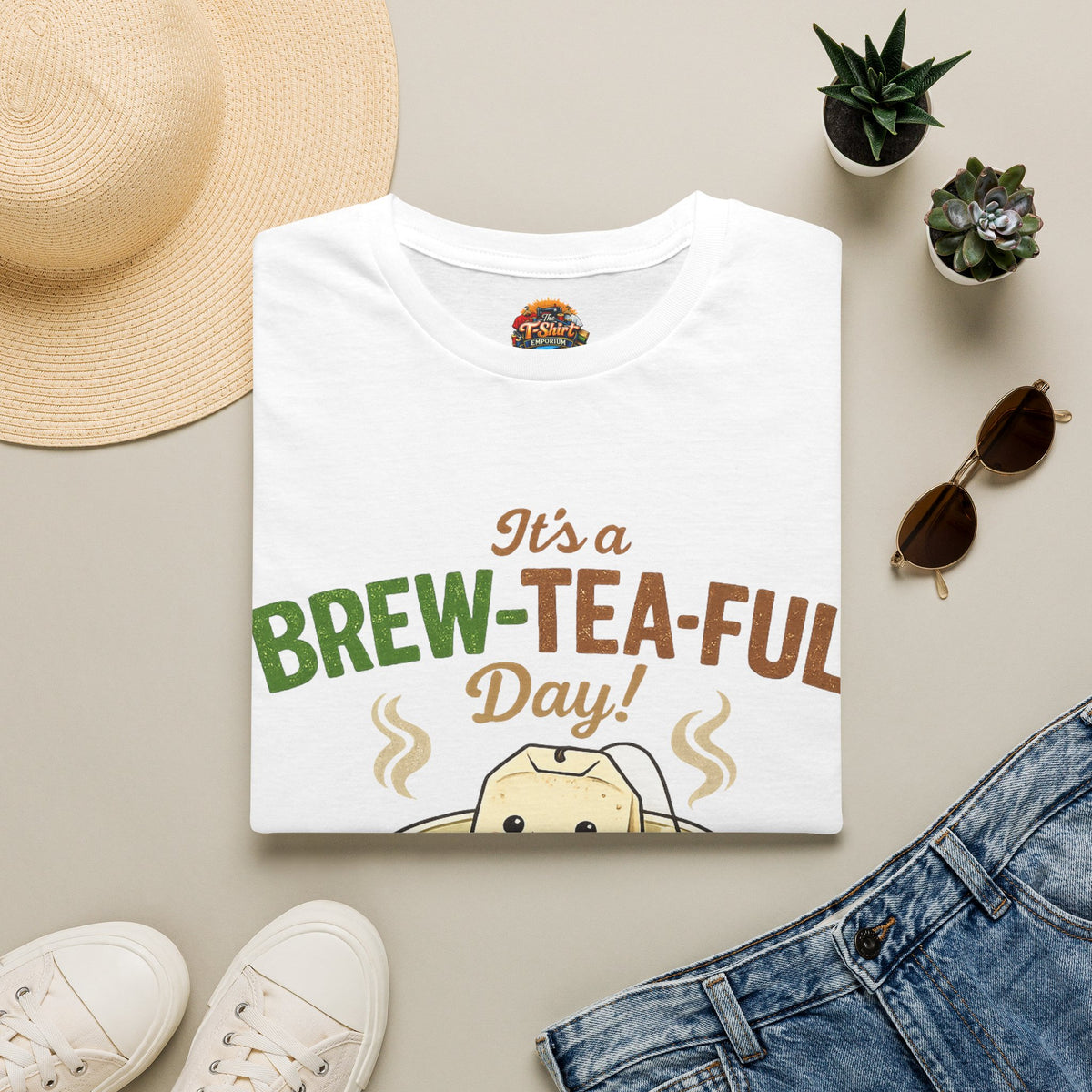 Tea T-Shirt Unisex— "It's a Brew-Tea-Ful Day!" Cute Kawaii Tea Cup Graphic
