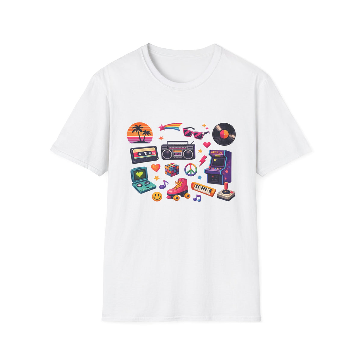 Retro 80s Icons Unisex T-Shirt — Cassette, Boombox & Arcade Graphic Tee