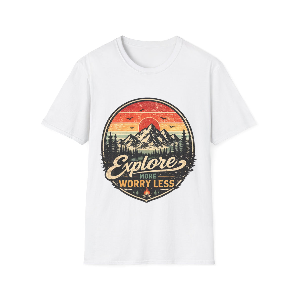 Explore More Worry Less Unisex Mountain T-Shirt — Retro Sunset Outdoor Adventure Tee